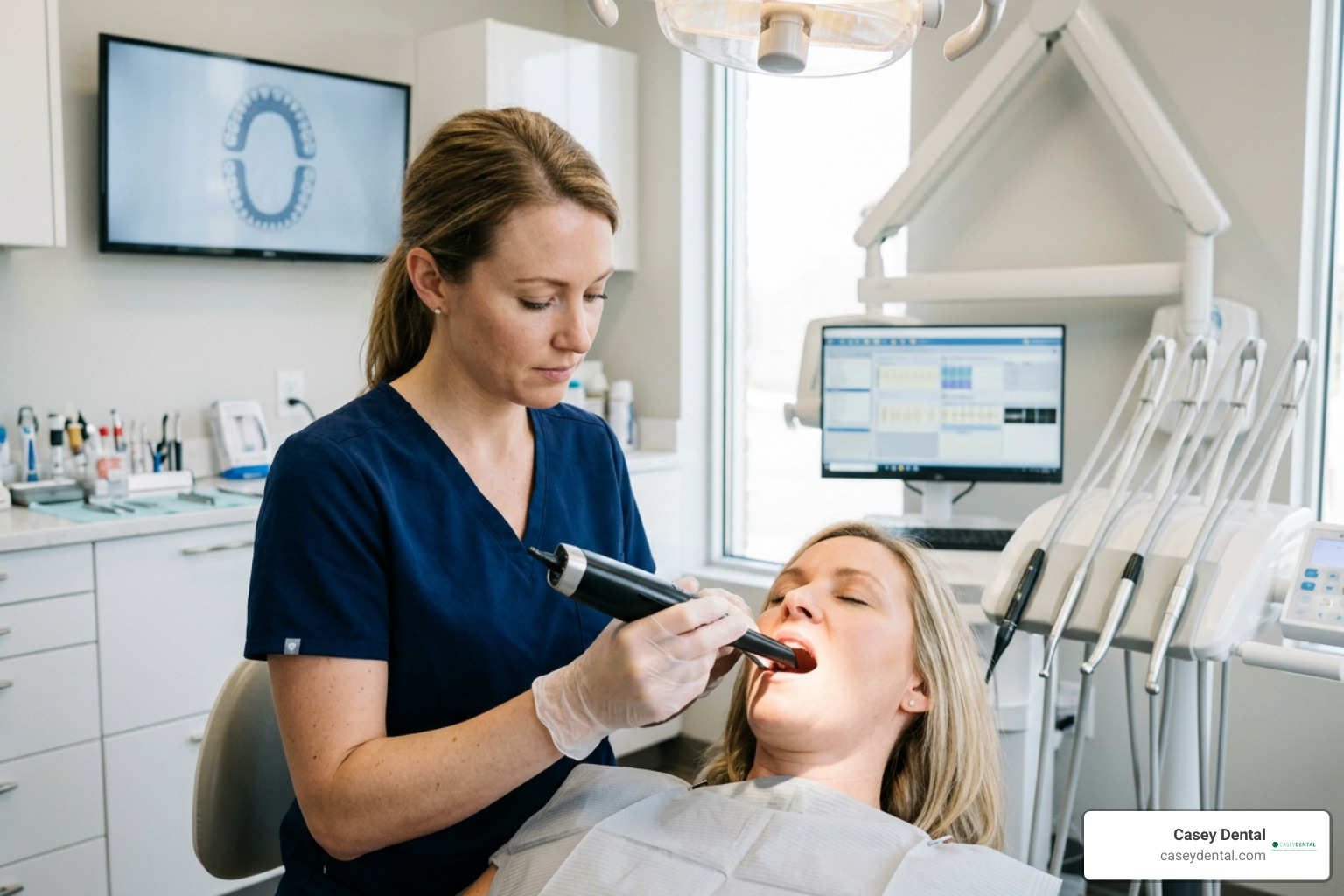 Dental professional holding high-tech equipment inside a modern treatment room
