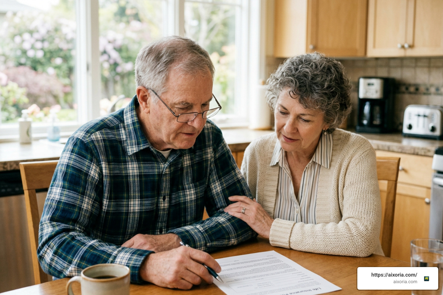 senior couple sitting together reviewing life insurance policy document
