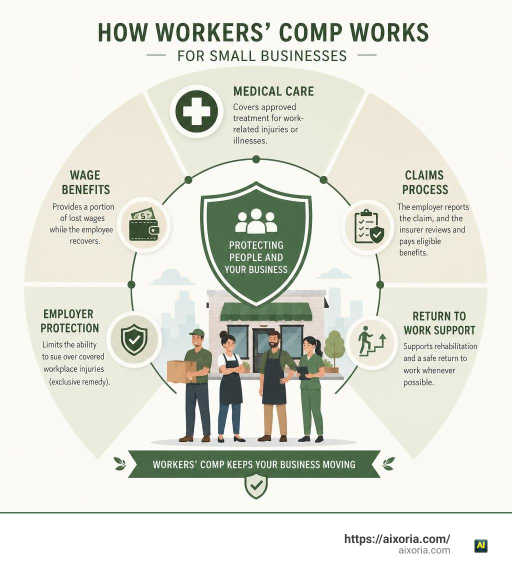 Infographic showing workers comp medical care wage benefits claims and employer protection infographic Infographic showing workers comp medical care wage benefits claims and employer protection infographic