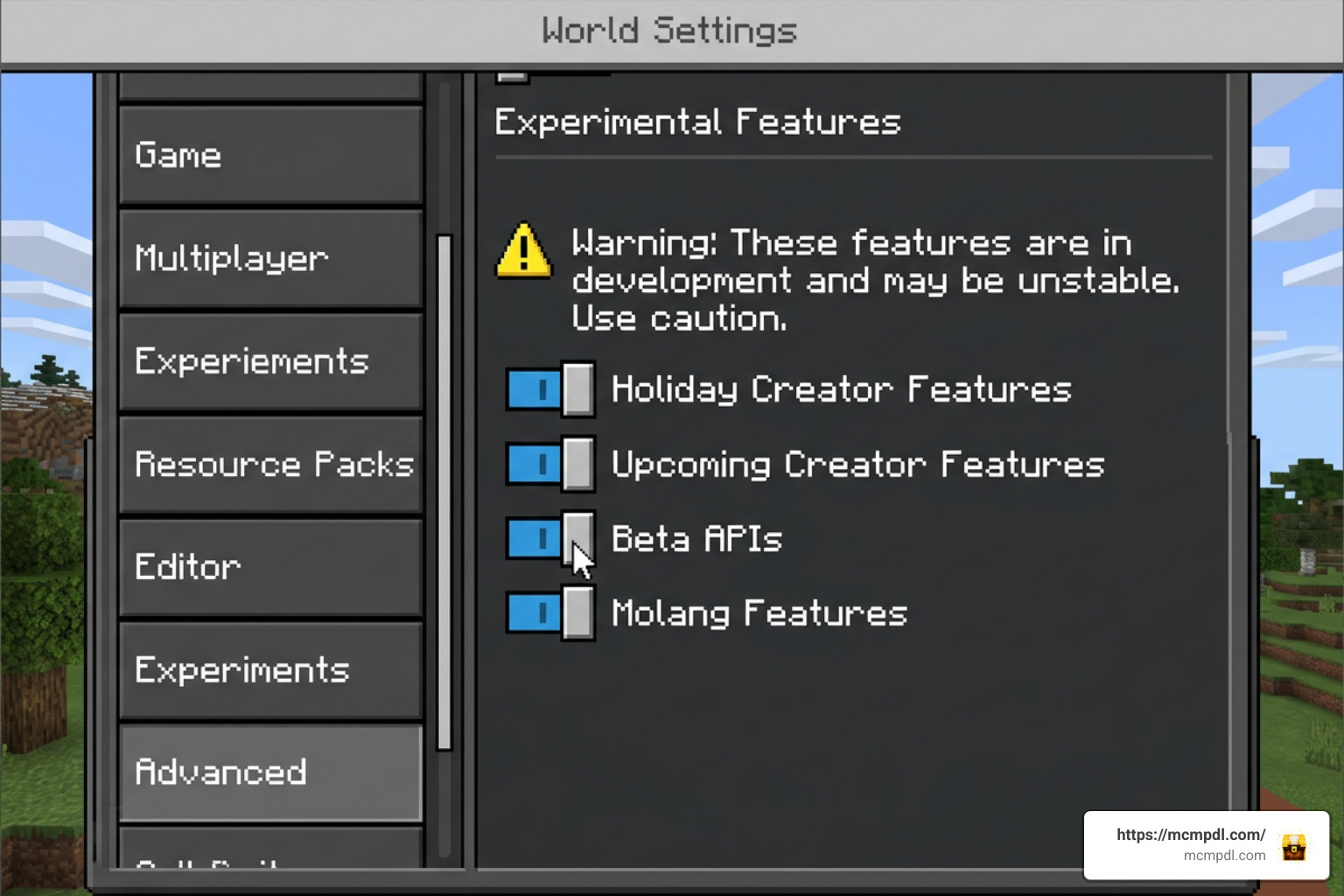 Minecraft Bedrock experimental features menu settings