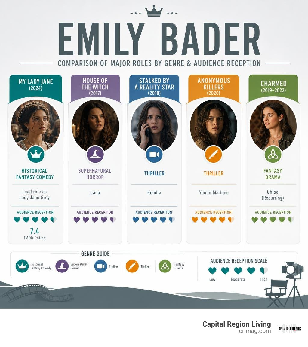 Comparison of major Emily Bader roles by genre and audience reception infographic Comparison of major Emily Bader roles by genre and audience reception infographic
