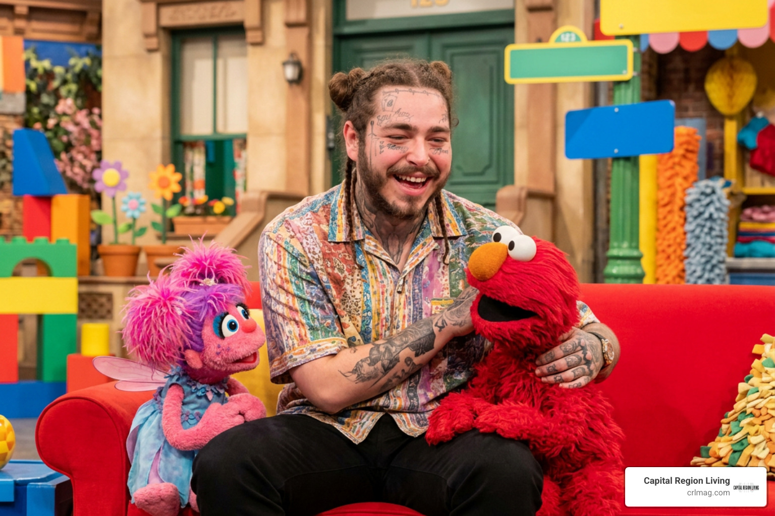 Post Malone appearing on the Sesame Street set with Elmo