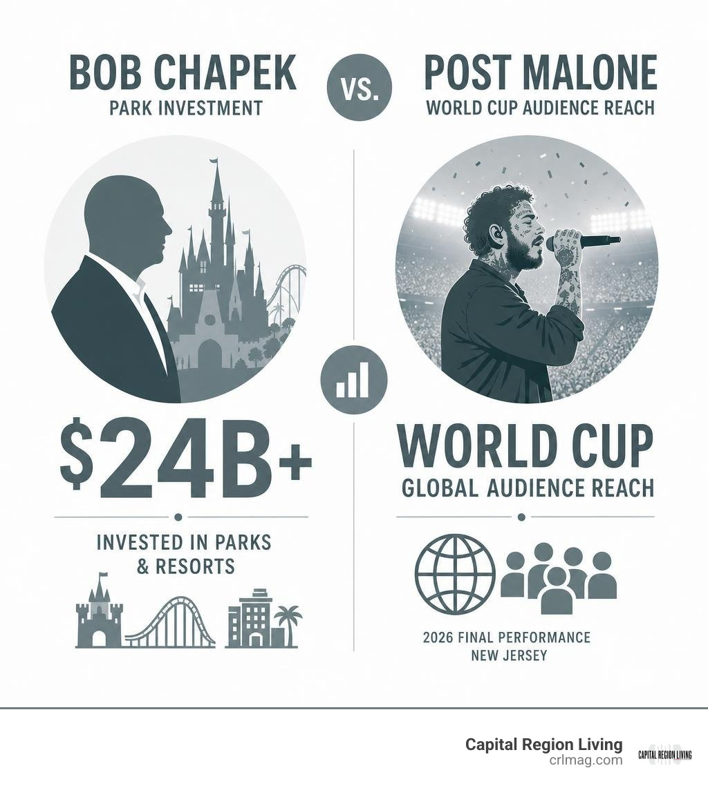 Stat graphic highlighting key metrics: Bob Chapek's $24B park investment vs Post Malone's World Cup audience reach