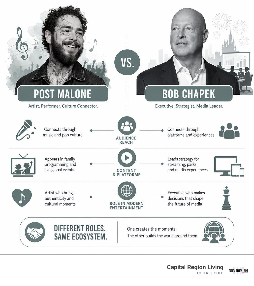Post Malone and Bob Chapek comparison: artist crossover, streaming, corporate media leadership infographic