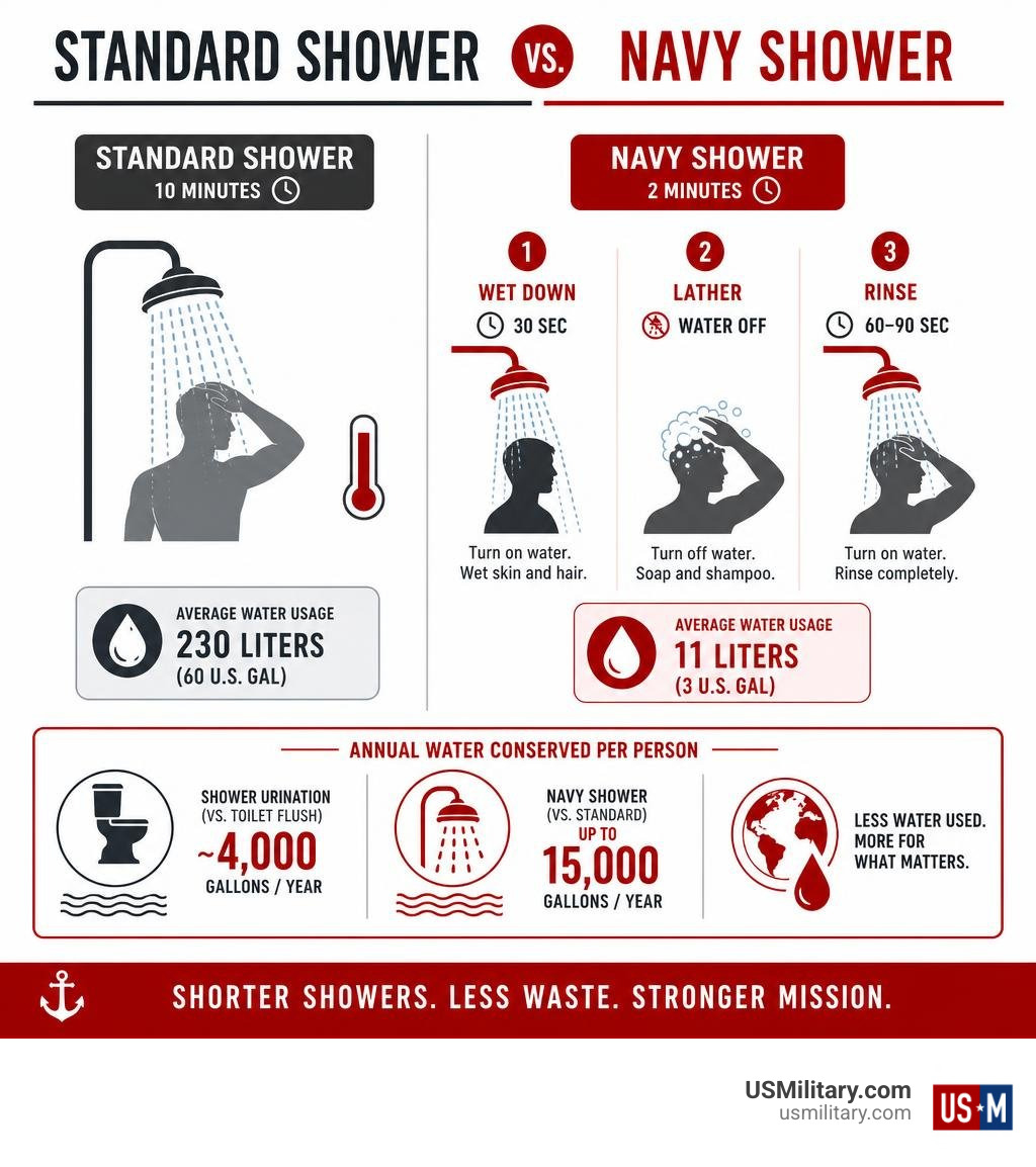 Comparison between standard showers and Navy showers infographic