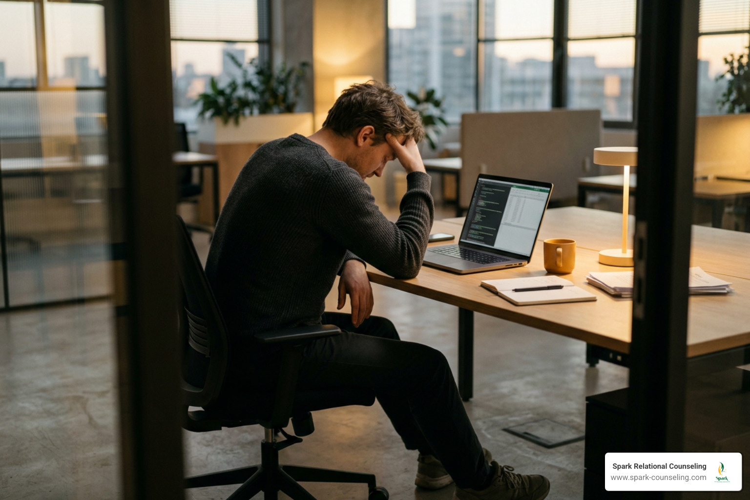 Exhausted high performer sitting at a desk with hidden pain Exhausted high performer sitting at a desk with hidden pain