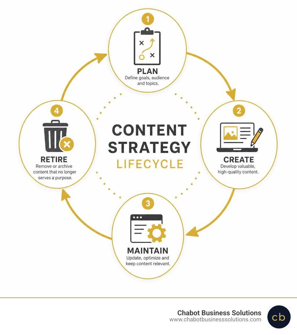 Infographic showing content strategy lifecycle: plan, create, maintain, retire infographic Infographic showing content strategy lifecycle: plan, create, maintain, retire infographic