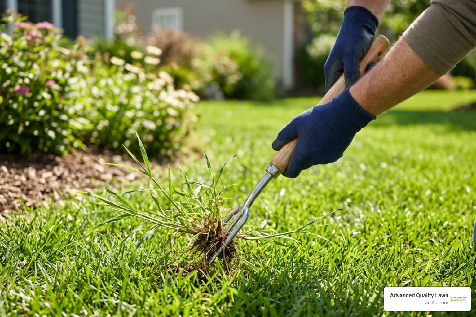 gardener hand-pulling crabgrass with a weed extractor tool