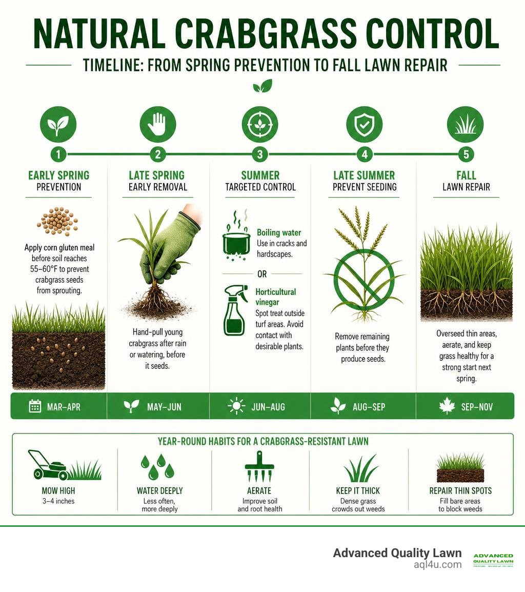 Natural crabgrass control timeline from spring prevention to fall lawn repair infographic