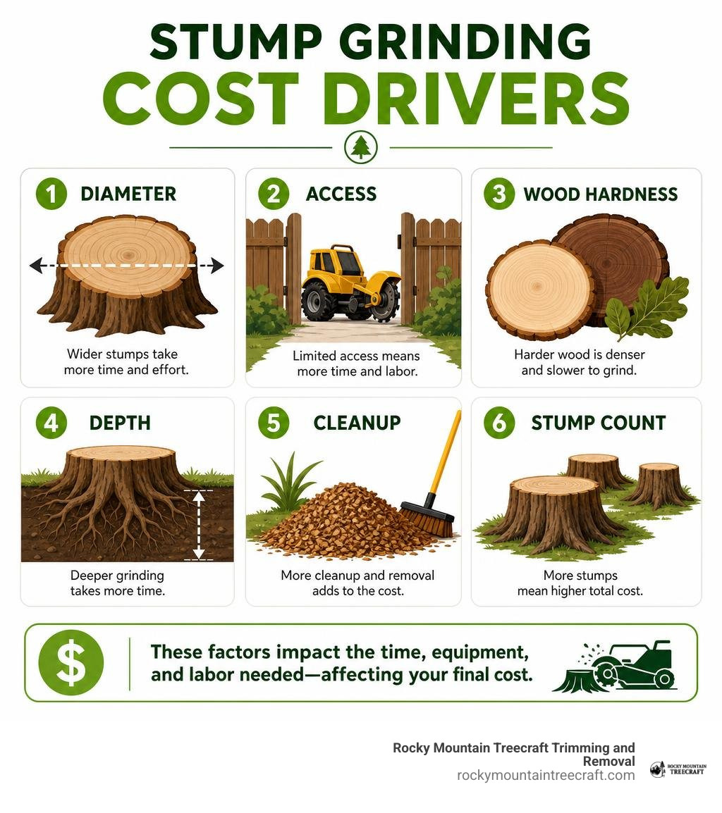 Stump grinding cost drivers: diameter, access, wood hardness, depth, cleanup, and stump count infographic Stump grinding cost drivers: diameter, access, wood hardness, depth, cleanup, and stump count infographic