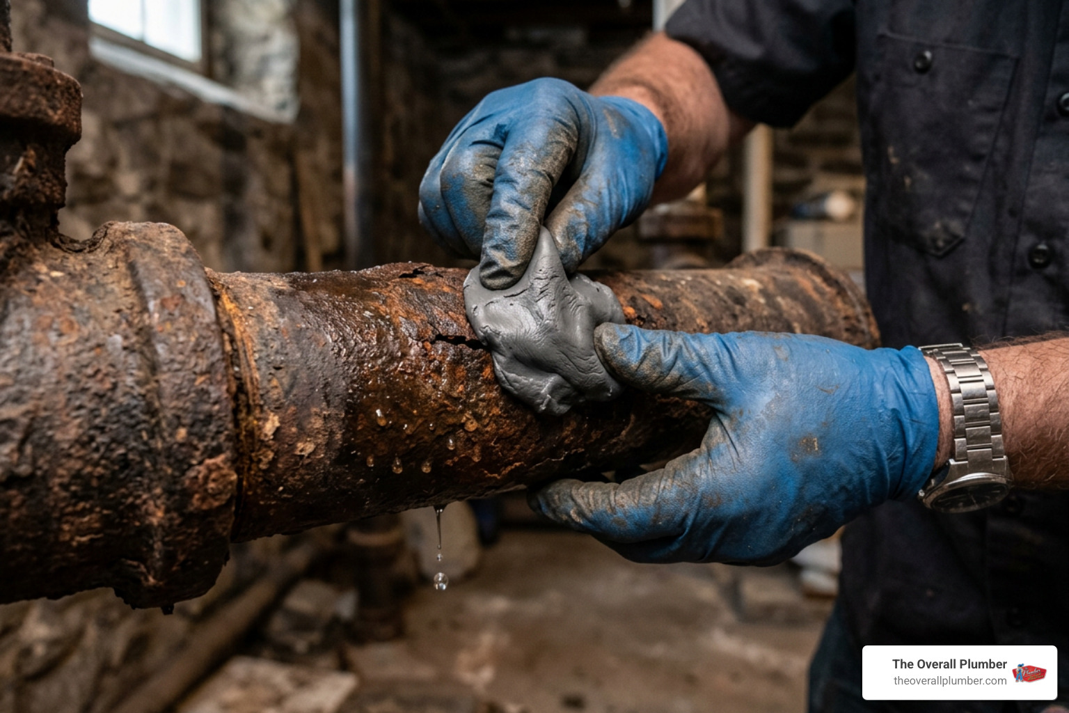 Applying epoxy putty to cast iron pipe Applying epoxy putty to cast iron pipe