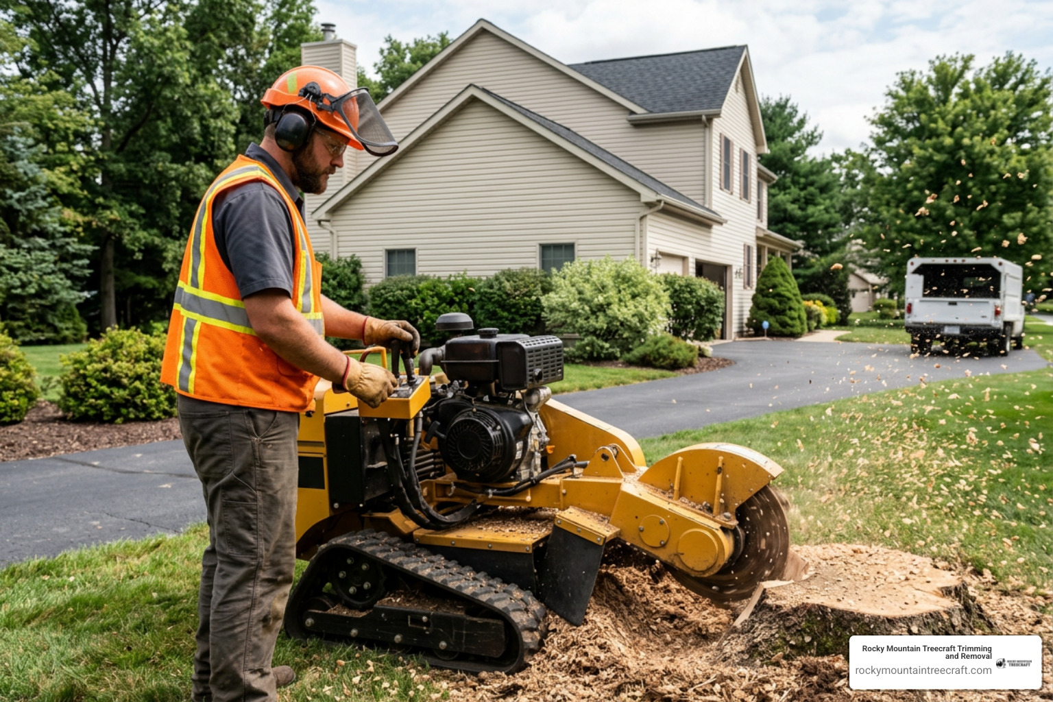 Technician operating a commercial track stump grinder Technician operating a commercial track stump grinder