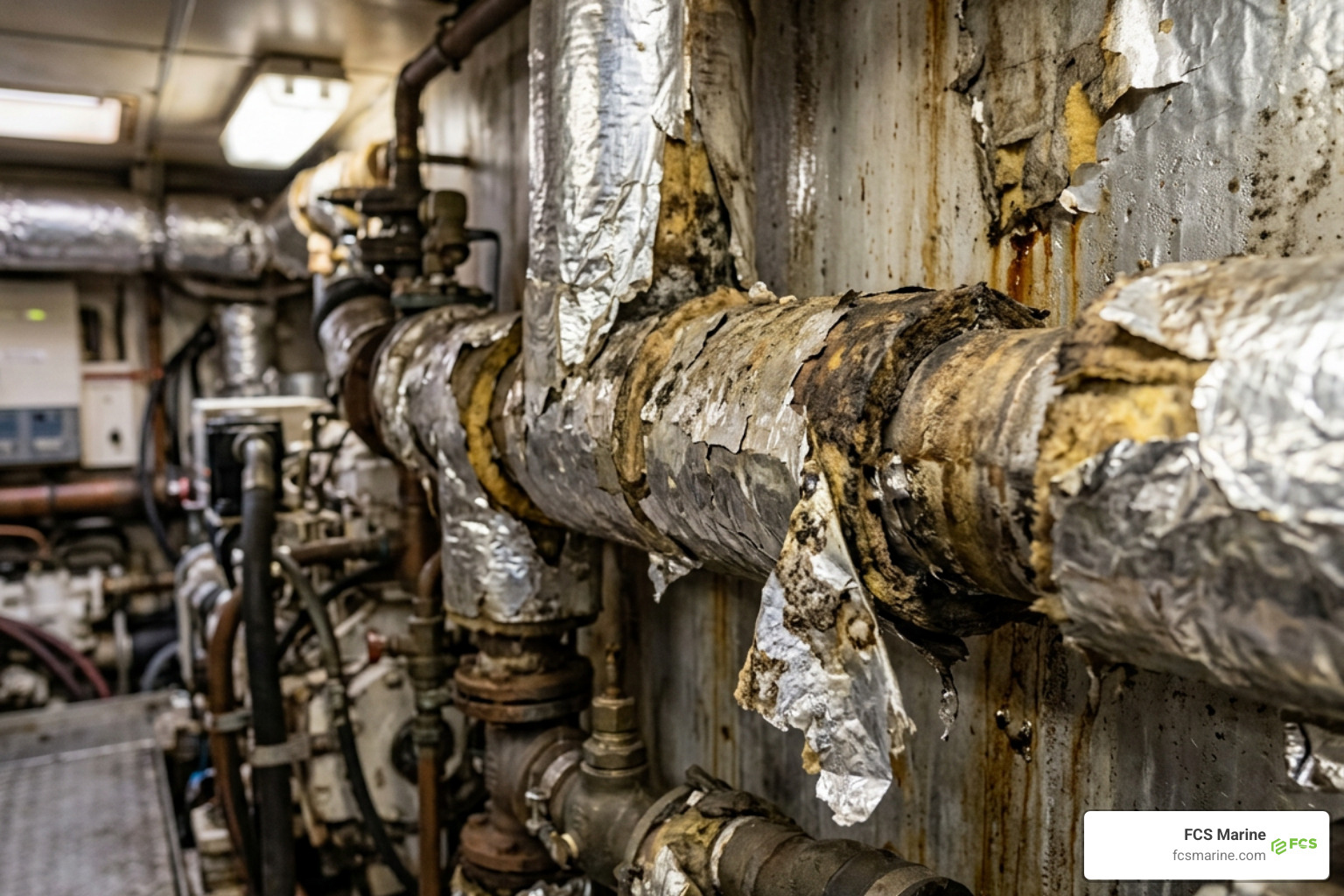 marine engine room insulation showing degradation and sound barrier wear