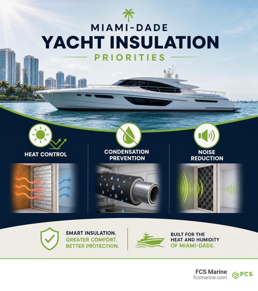 Miami-Dade yacht insulation priorities: heat control, condensation prevention, noise reduction infographic
