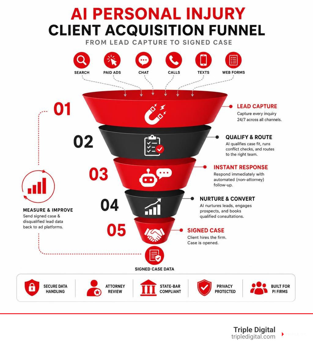AI personal injury client acquisition funnel from lead capture to signed case infographic
