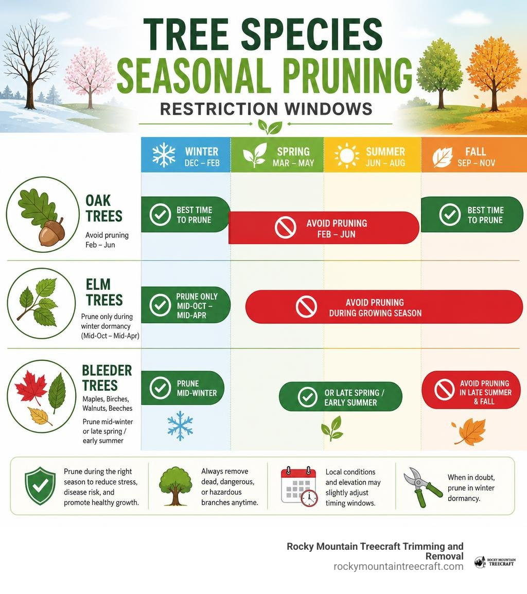 Tree species seasonal pruning restriction windows infographic