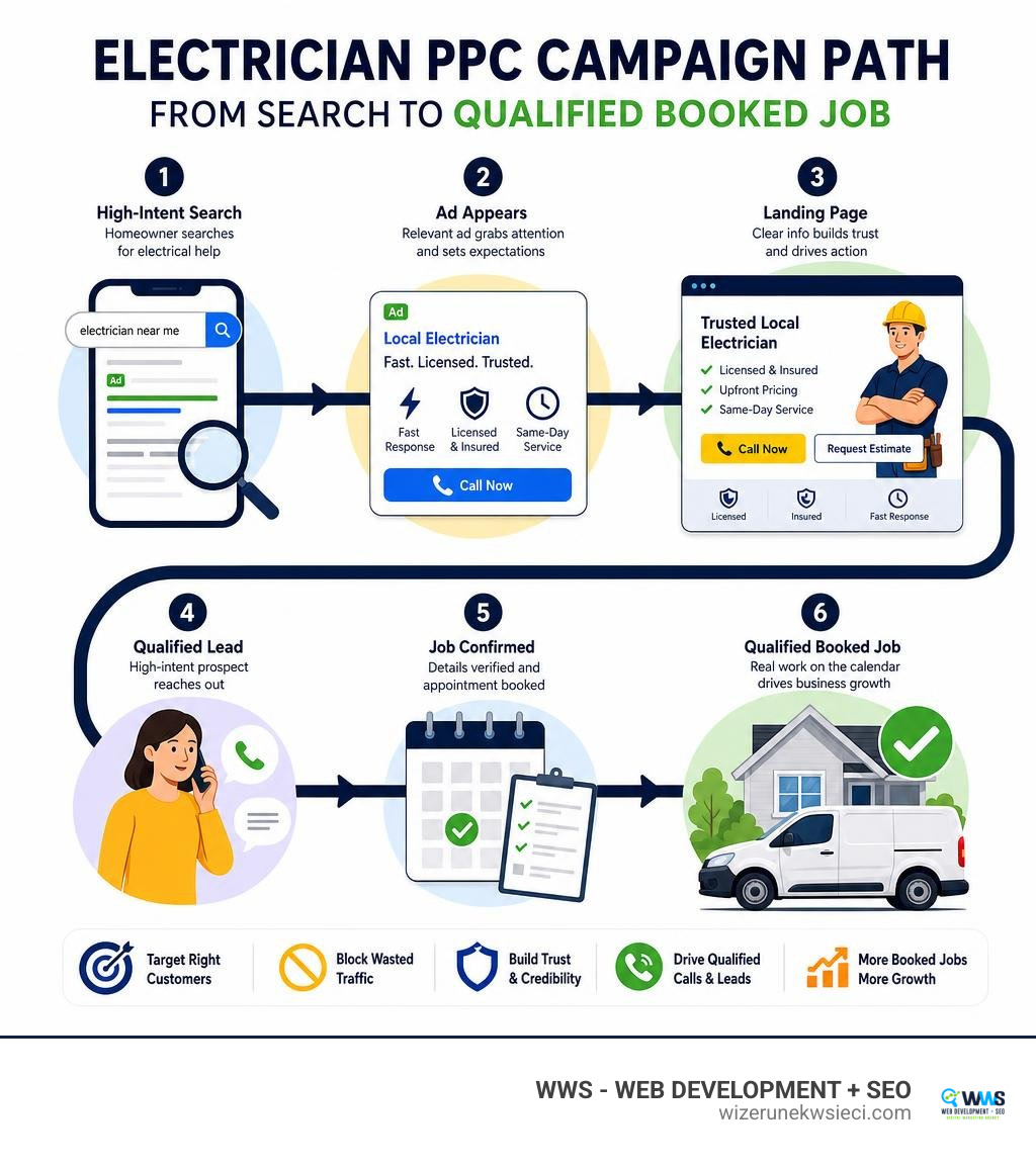 Electrician PPC campaign path from search to qualified booked job infographic Electrician PPC campaign path from search to qualified booked job infographic
