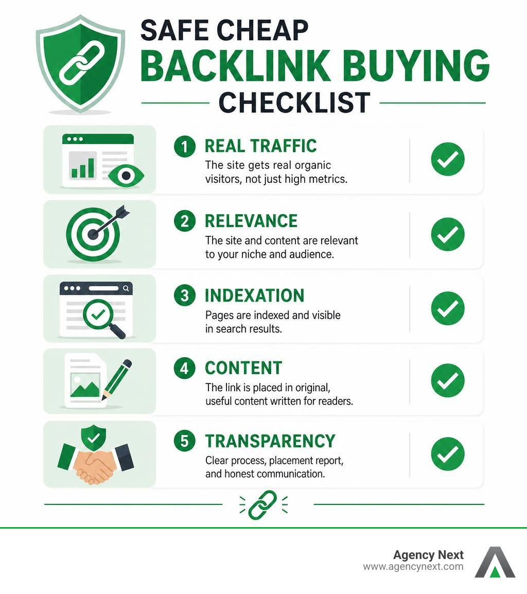 Safe cheap backlink buying checklist: real traffic, relevance, indexation, content, and transparency infographic Safe cheap backlink buying checklist: real traffic, relevance, indexation, content, and transparency infographic