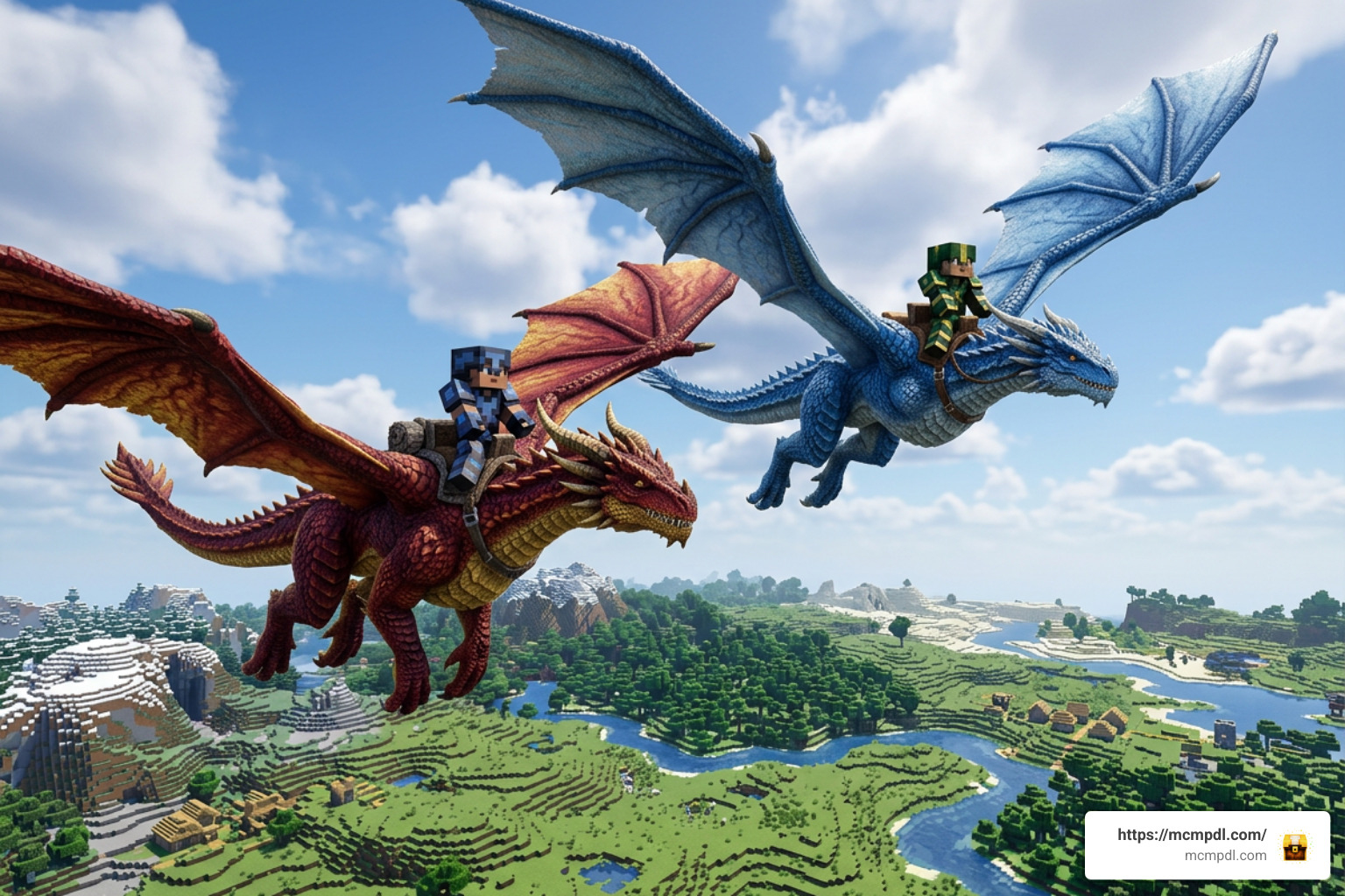 Players riding flying dragon mounts together on a Minecraft PE server
