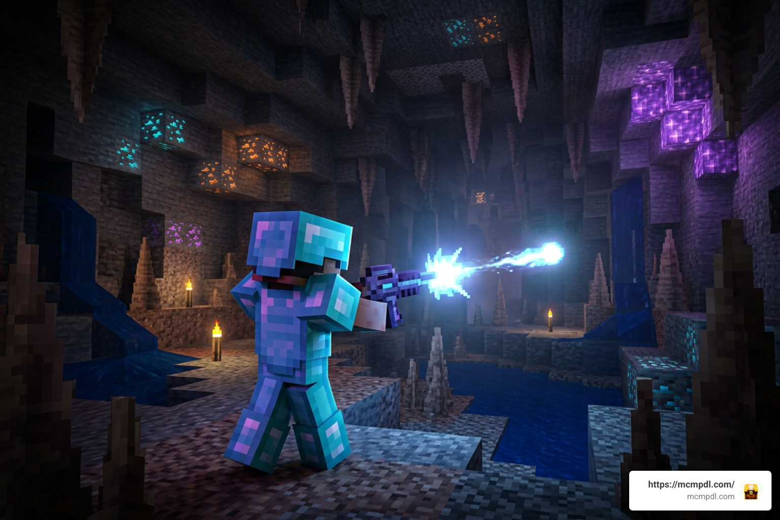Player firing netherite blasters in cave Player firing netherite blasters in cave