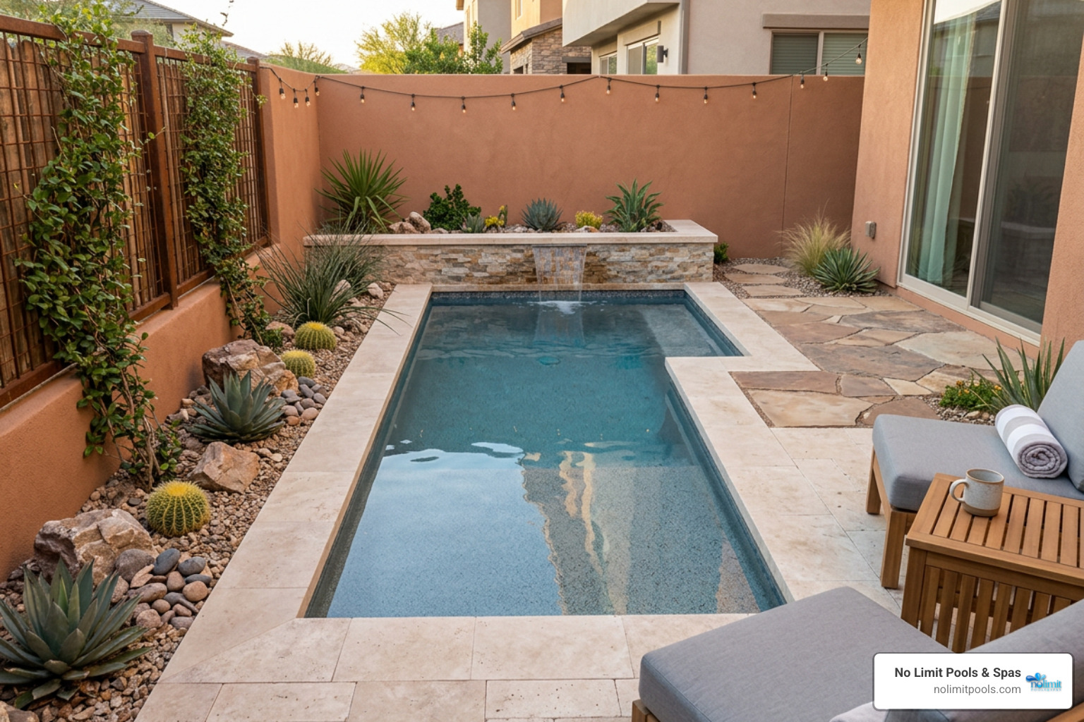 new original compact backyard plunge pool with desert landscaping