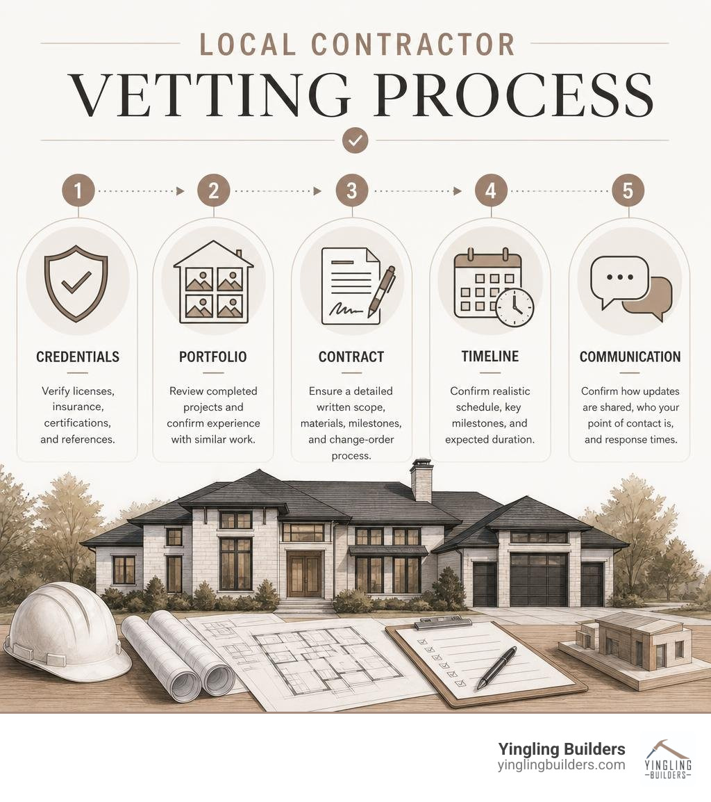Local contractor vetting process: credentials, portfolio, contract, timeline, communication infographic