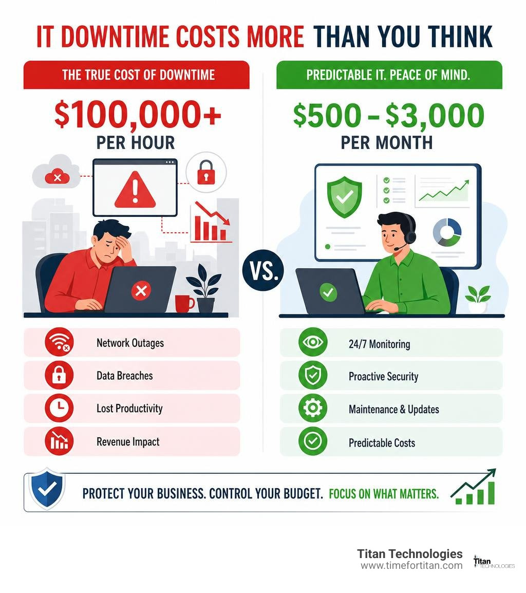 Comprehensive infographic showing the cost comparison between IT downtime for small businesses at $100,000 per hour versus predictable managed services costs ranging from $500-$3,000 monthly, with icons representing network outages, data breaches, lost productivity, and proactive monitoring solutions - managed it service provider pricing infographic Comprehensive infographic showing the cost comparison between IT downtime for small businesses at $100,000 per hour versus predictable managed services costs ranging from $500-$3,000 monthly, with icons representing network outages, data breaches, lost productivity, and proactive monitoring solutions - managed it service provider pricing infographic