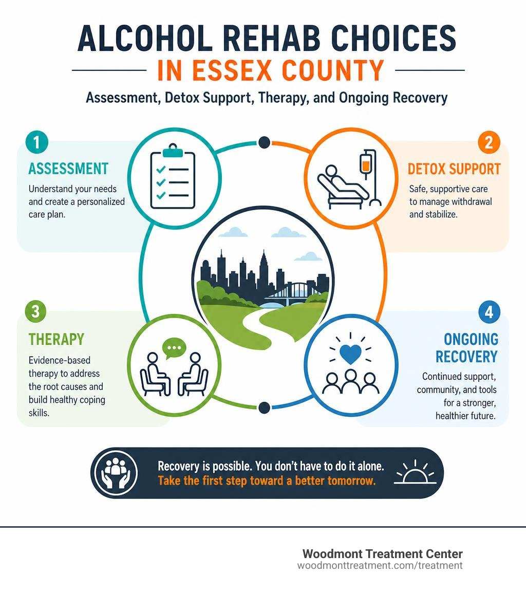 Alcohol rehab choices in Essex County: assessment, detox support, therapy, and ongoing recovery infographic Alcohol rehab choices in Essex County: assessment, detox support, therapy, and ongoing recovery infographic