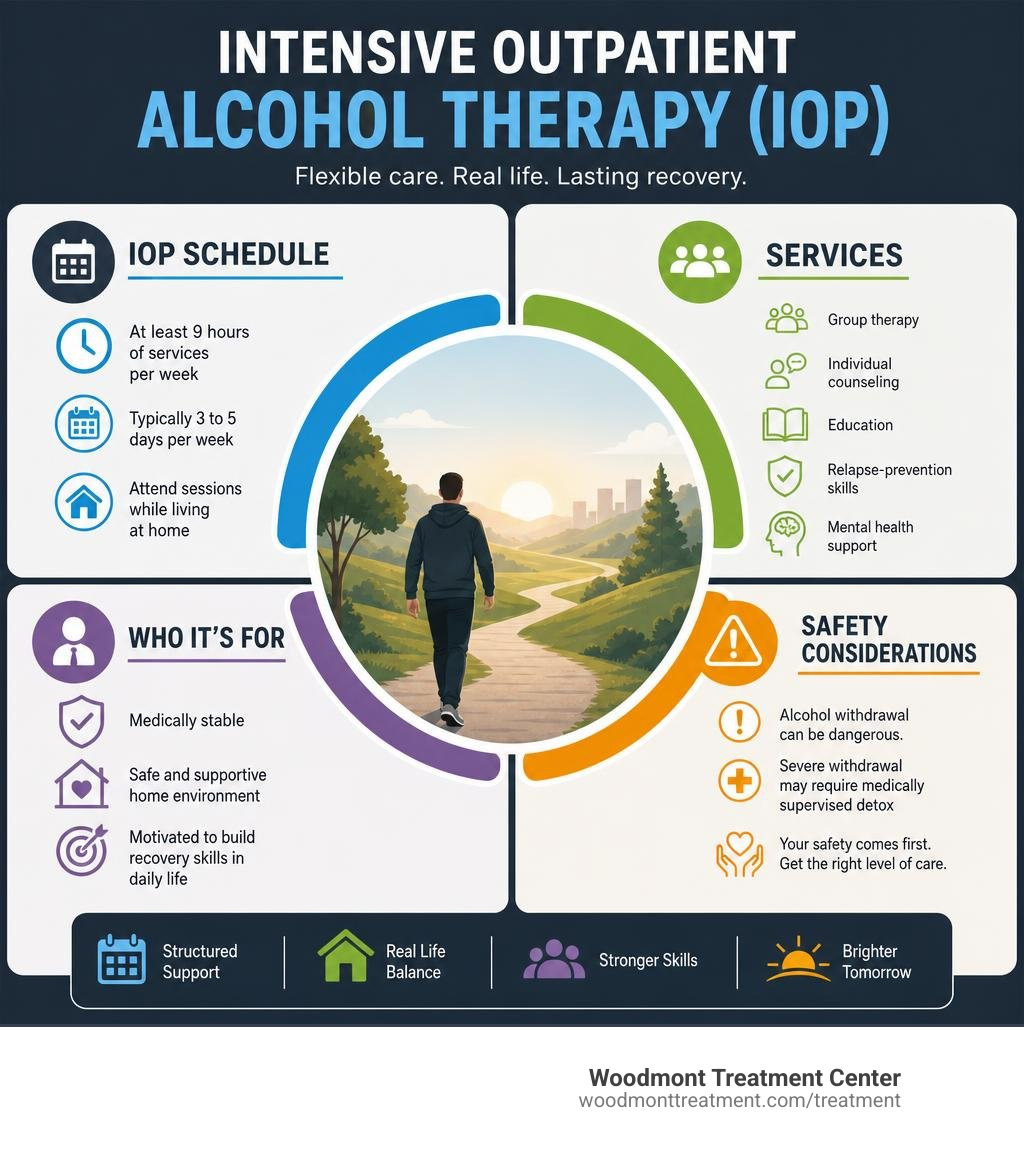 Infographic showing alcohol IOP schedule, services, candidates, and safety considerations infographic Infographic showing alcohol IOP schedule, services, candidates, and safety considerations infographic