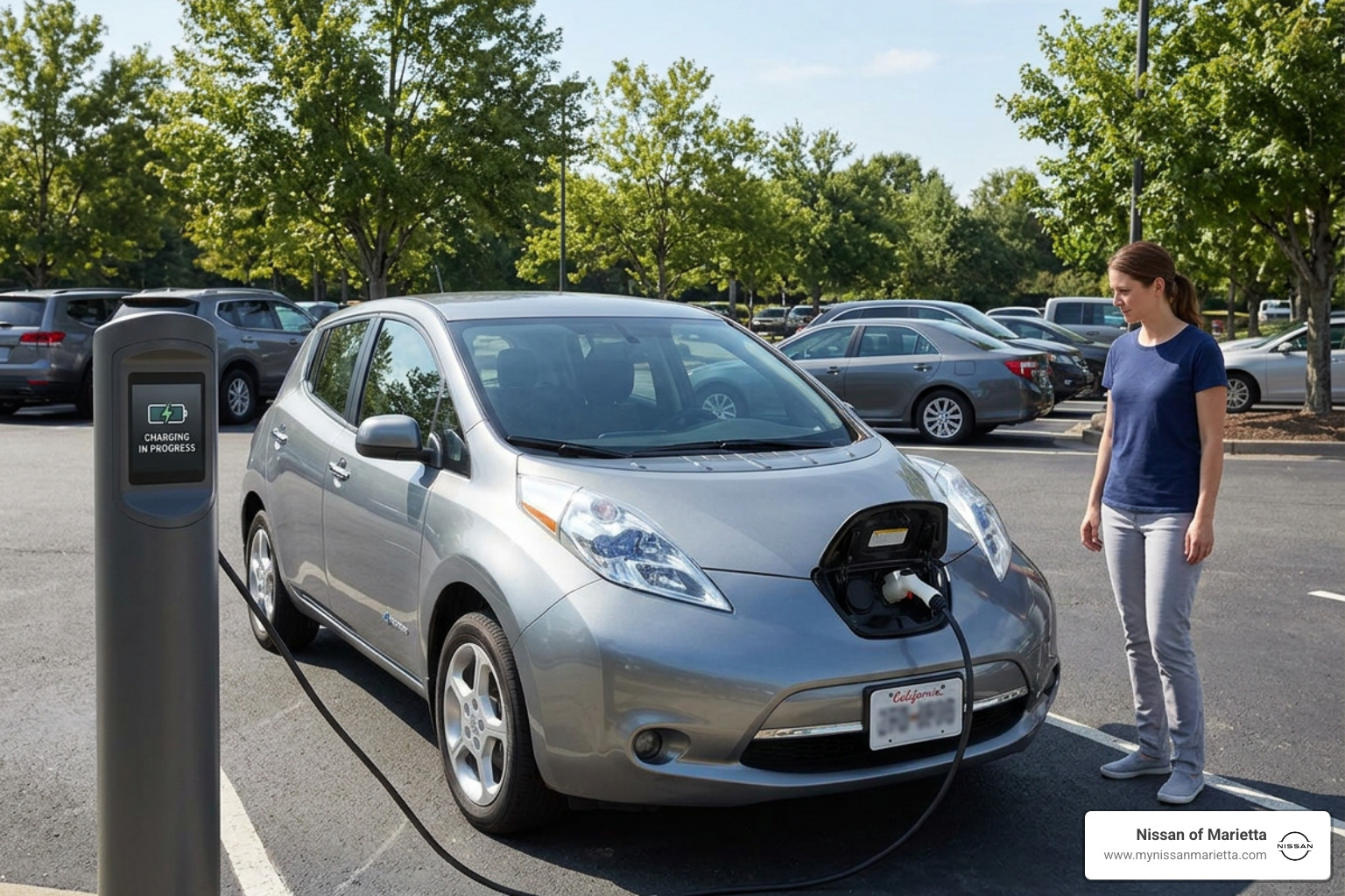 Electric Nissan vehicle plugged into a charging station Electric Nissan vehicle plugged into a charging station