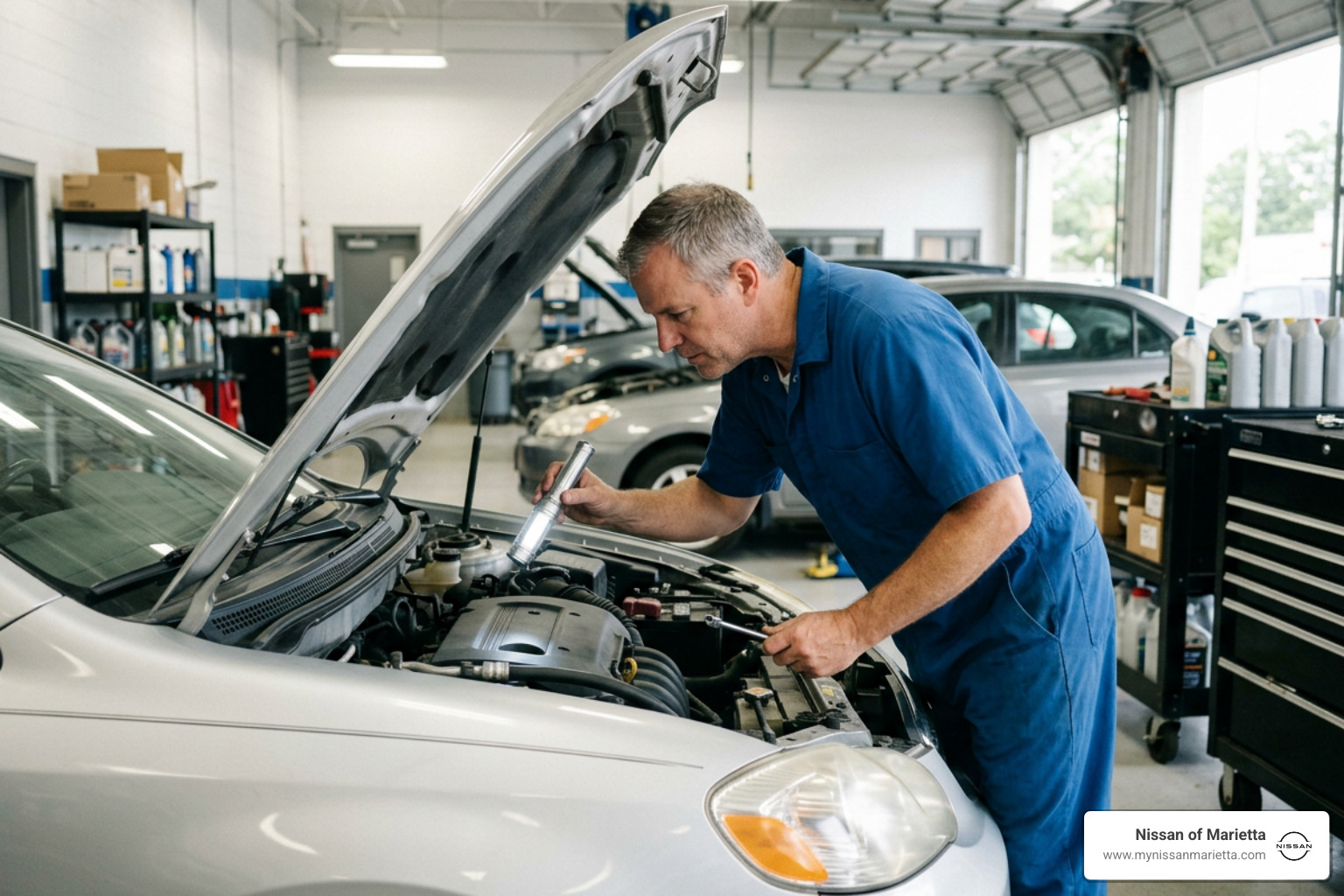 Mechanic performing a pre-purchase engine inspection on a used Nissan Altima SR Mechanic performing a pre-purchase engine inspection on a used Nissan Altima SR