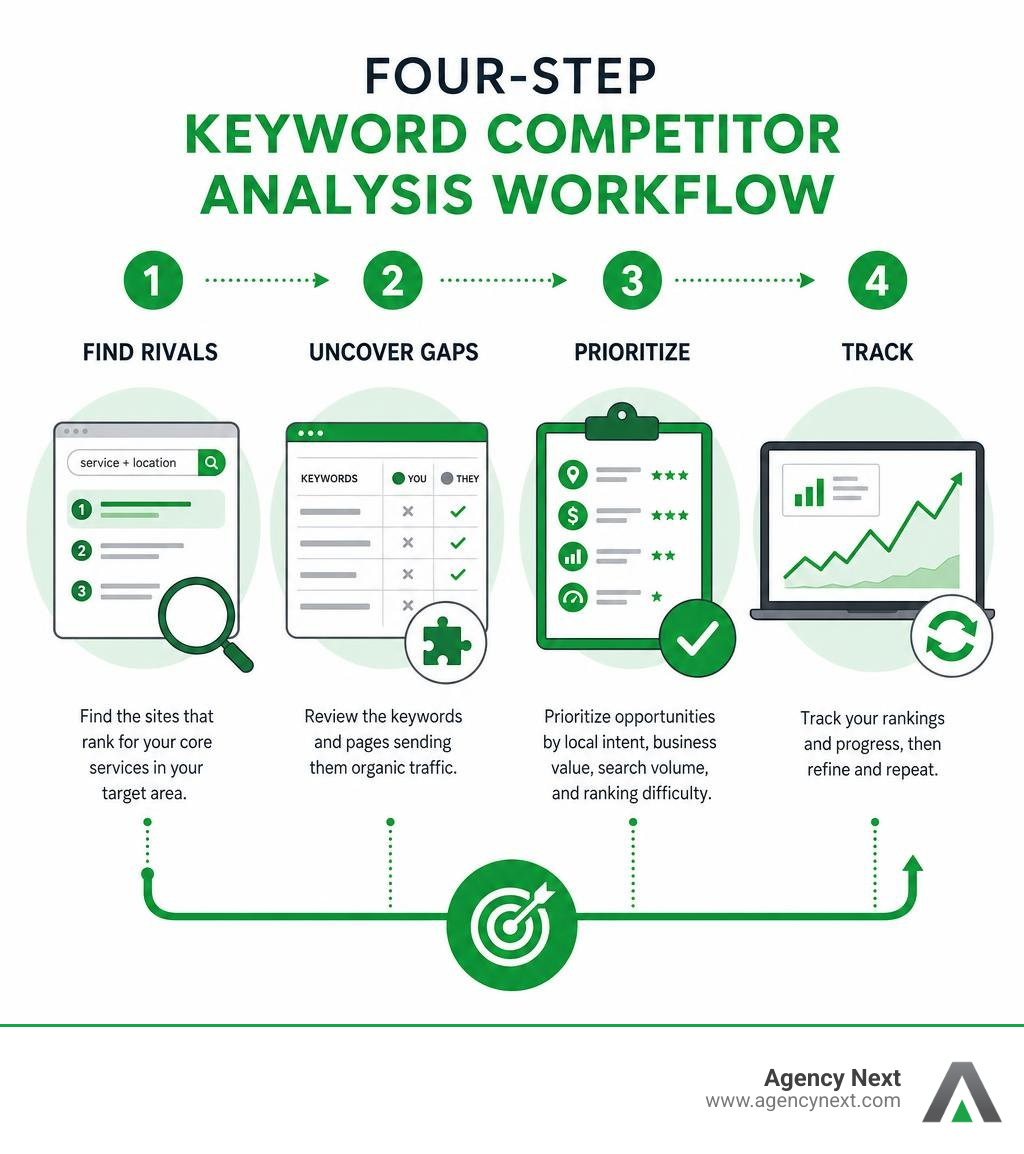 Four-step keyword competitor analysis workflow: find rivals, uncover gaps, prioritize, track infographic