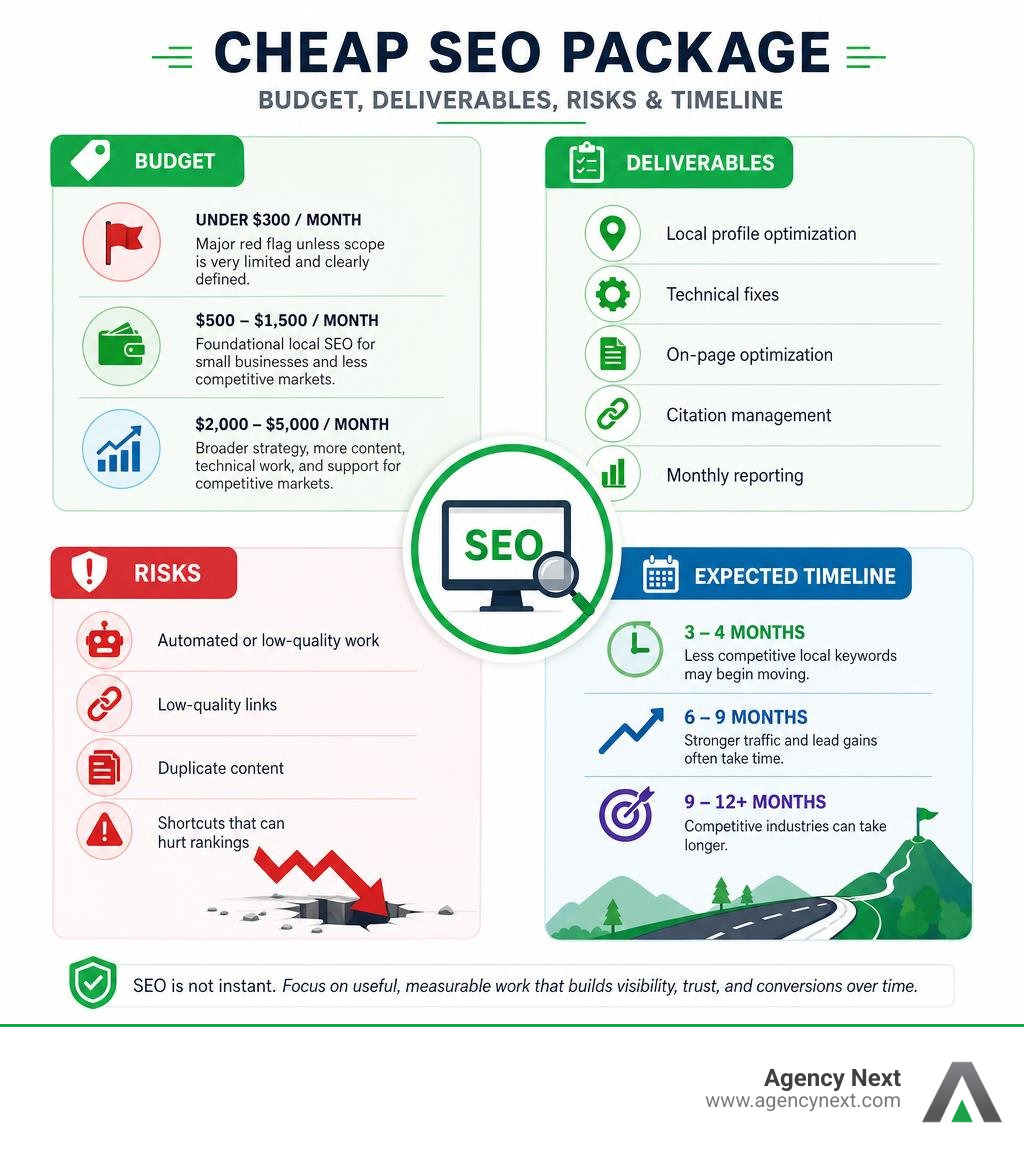 Cheap SEO package budget, deliverables, risks, and expected timeline infographic
