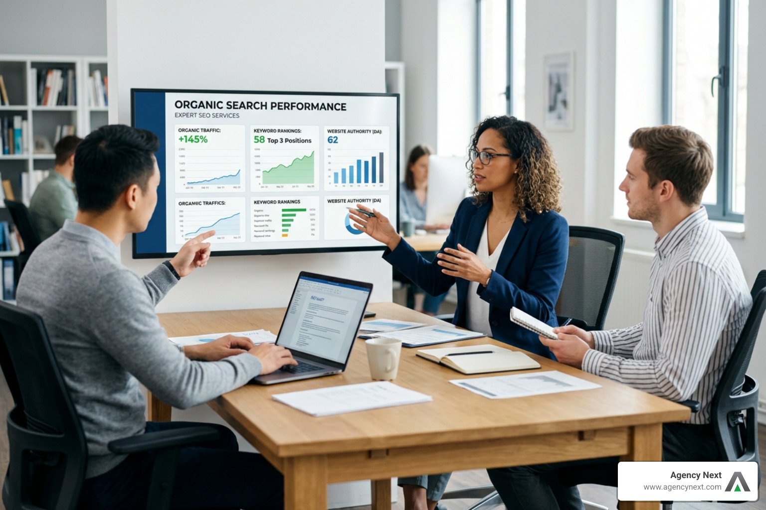 Organic growth progress dashboard tracking keyword rankings and conversion metrics