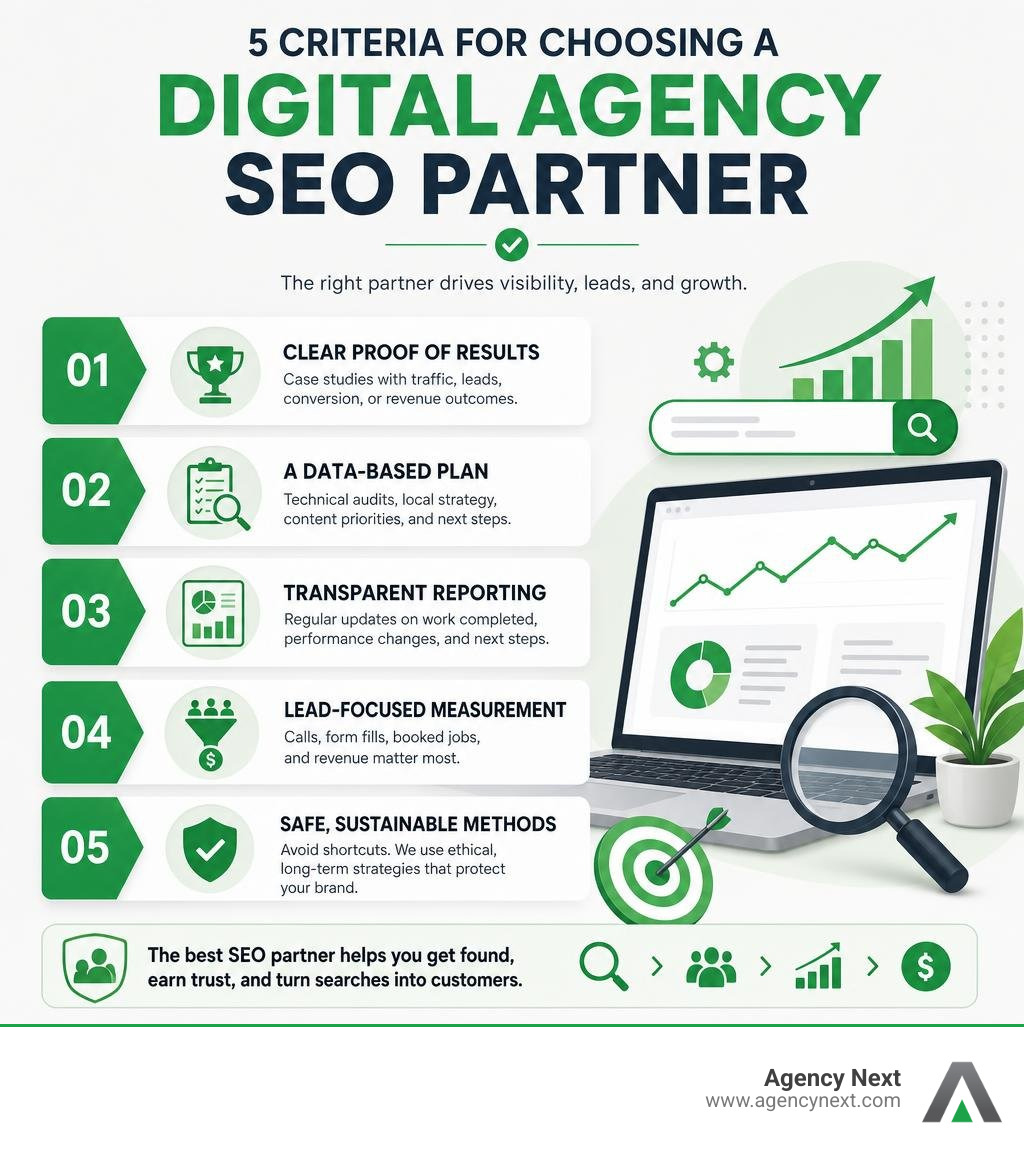 Infographic showing five criteria for choosing a digital agency SEO partner infographic Infographic showing five criteria for choosing a digital agency SEO partner infographic