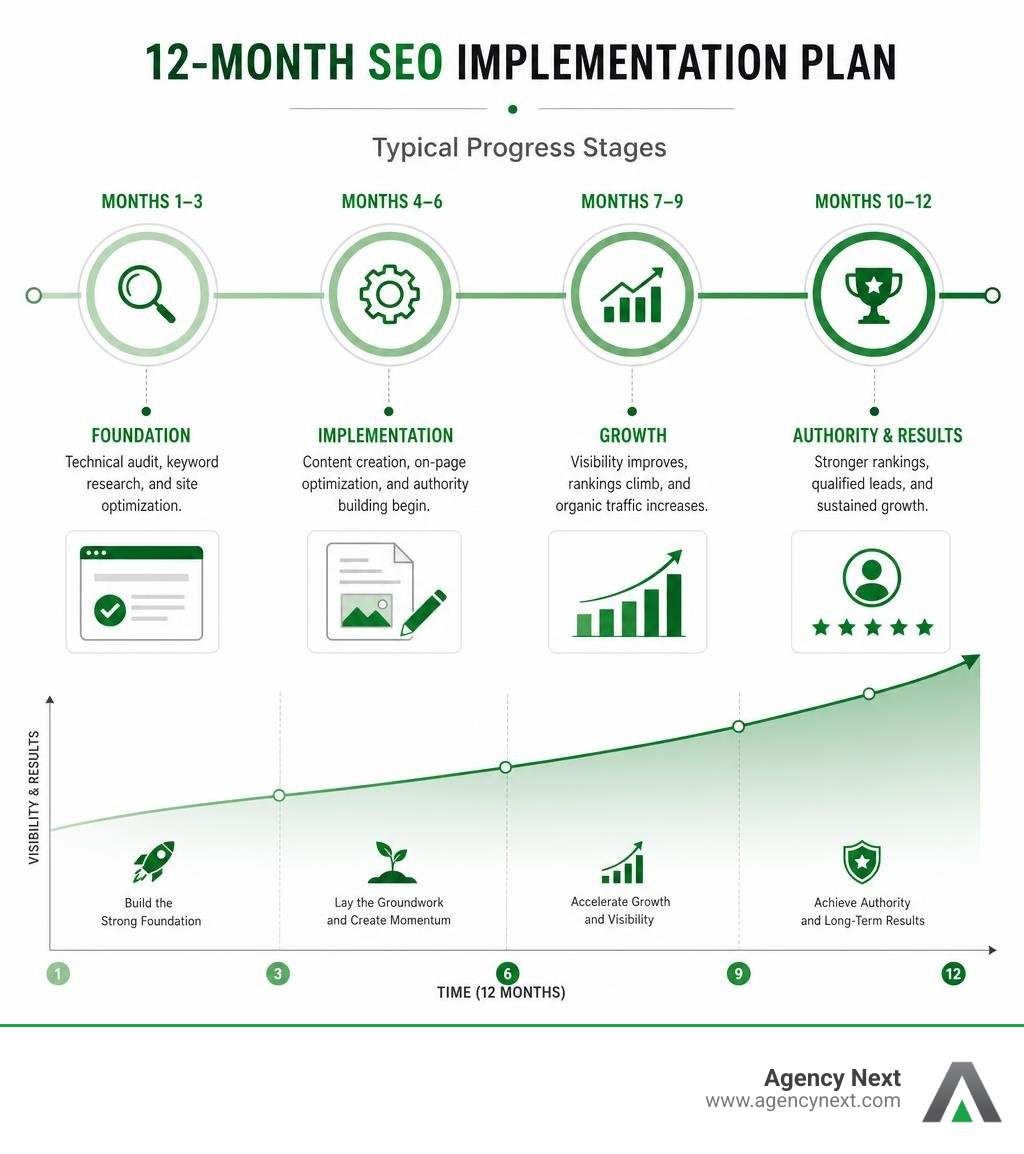 Timeline chart showing typical progress stages across a 12-month SEO implementation plan infographic