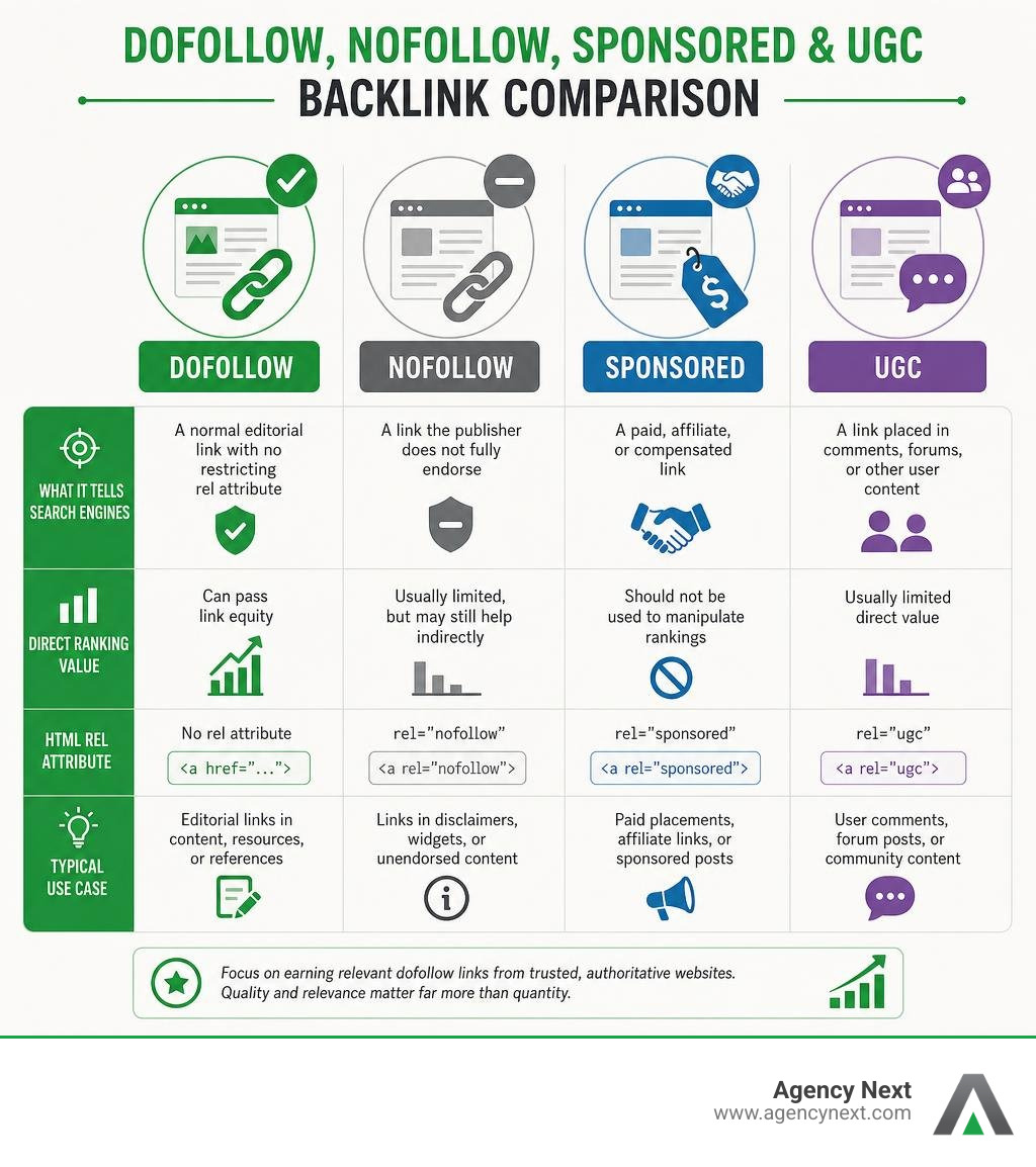 Dofollow, nofollow, sponsored, and UGC backlink comparison infographic