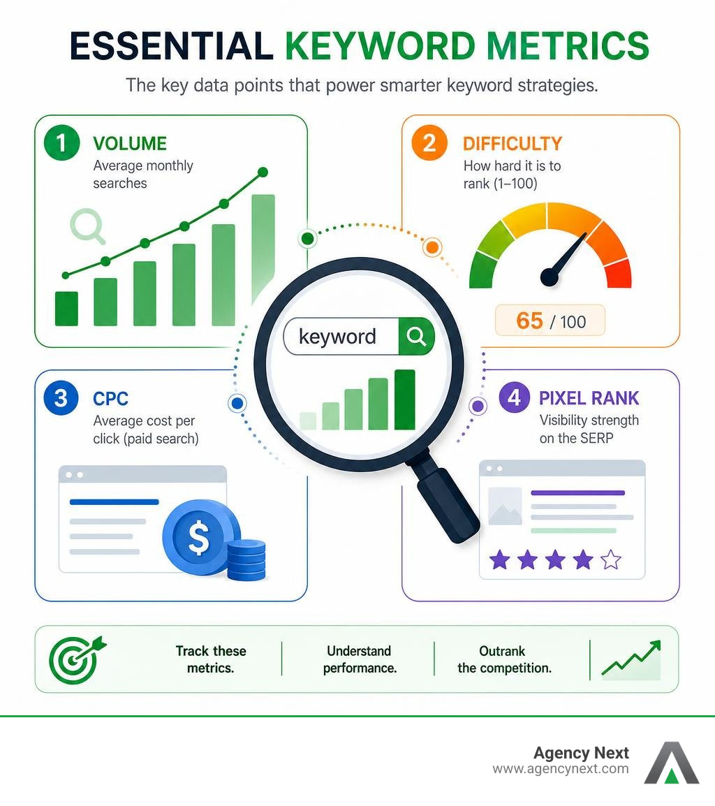 infographic summarizing essential keyword metrics including volume difficulty cpc and pixel rank infographic
