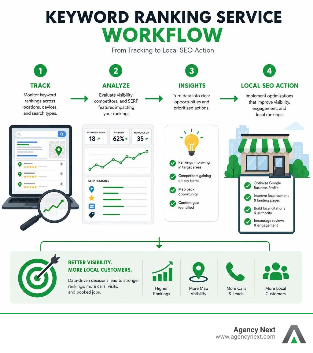 Keyword ranking service workflow from tracking to local SEO action infographic