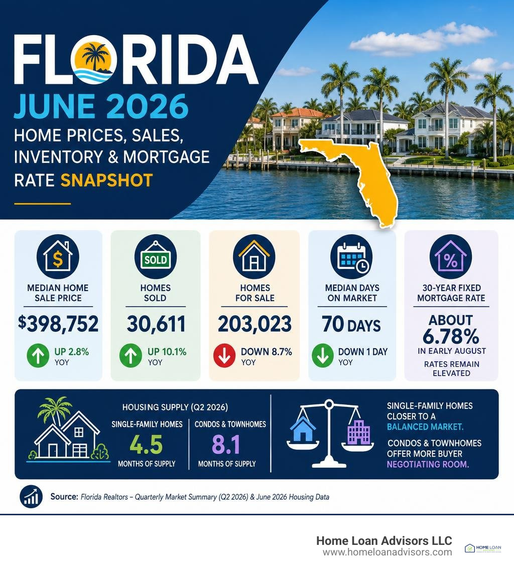 Florida June 2026 home prices sales inventory and mortgage rate snapshot infographic Florida June 2026 home prices sales inventory and mortgage rate snapshot infographic