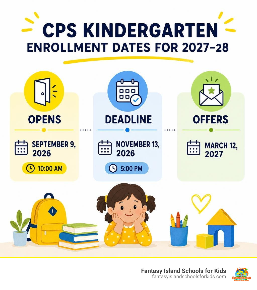CPS kindergarten enrollment dates for 2027-28: opens September 9, deadline November 13, offers March 12 infographic