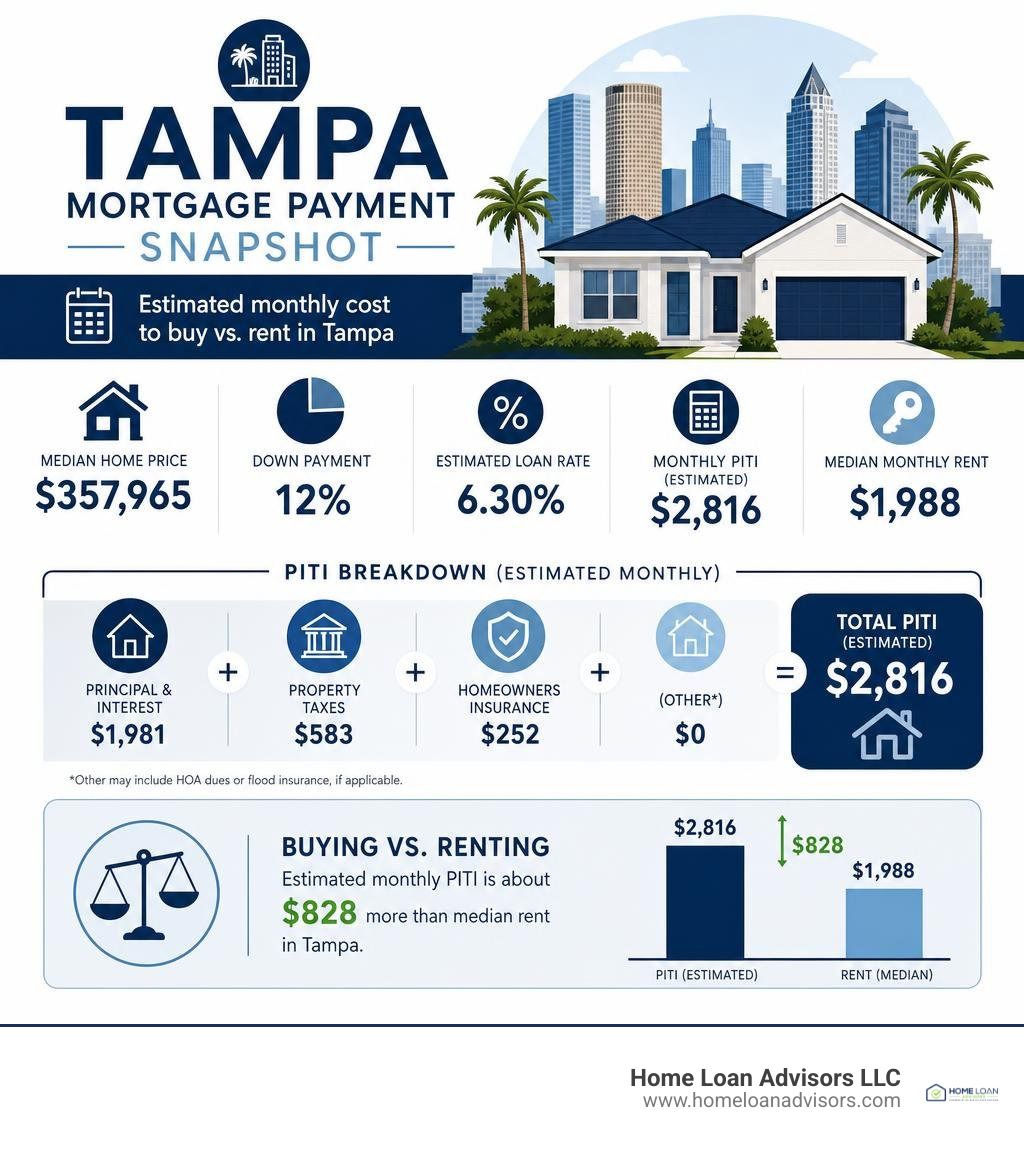 Tampa mortgage payment snapshot with home price down payment PITI taxes insurance and rent infographic Tampa mortgage payment snapshot with home price down payment PITI taxes insurance and rent infographic