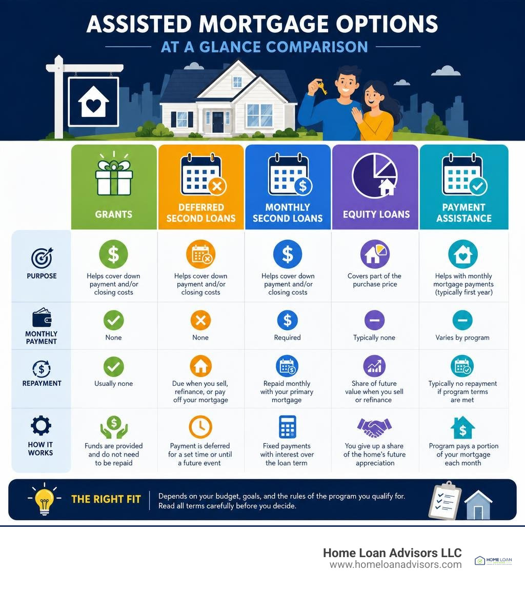 Infographic comparing grants deferred loans monthly second loans equity loans and payment assistance infographic Infographic comparing grants deferred loans monthly second loans equity loans and payment assistance infographic