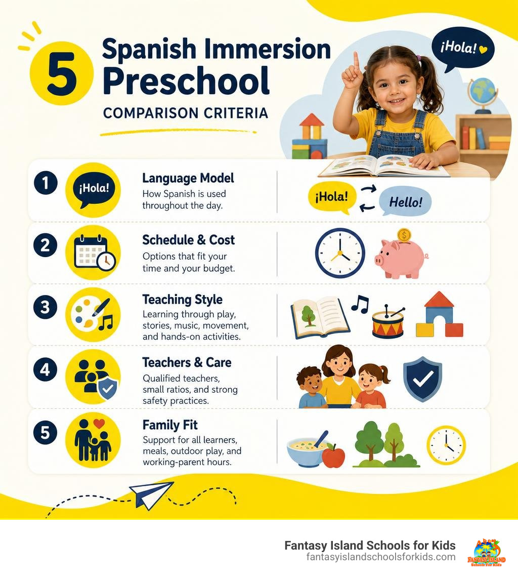 Spanish immersion preschool comparison criteria infographic