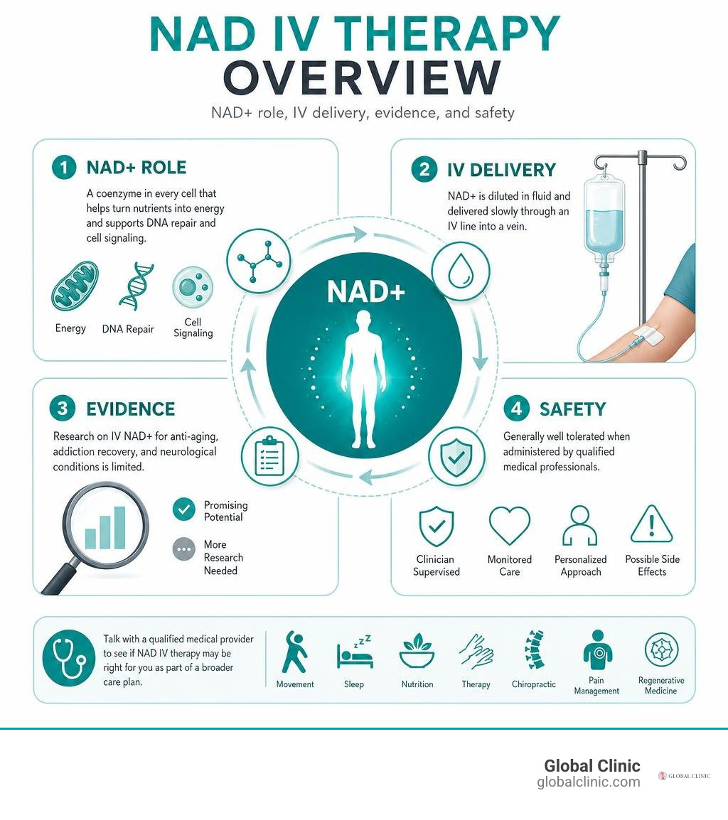NAD IV therapy overview: NAD+ role, IV delivery, evidence, and safety infographic