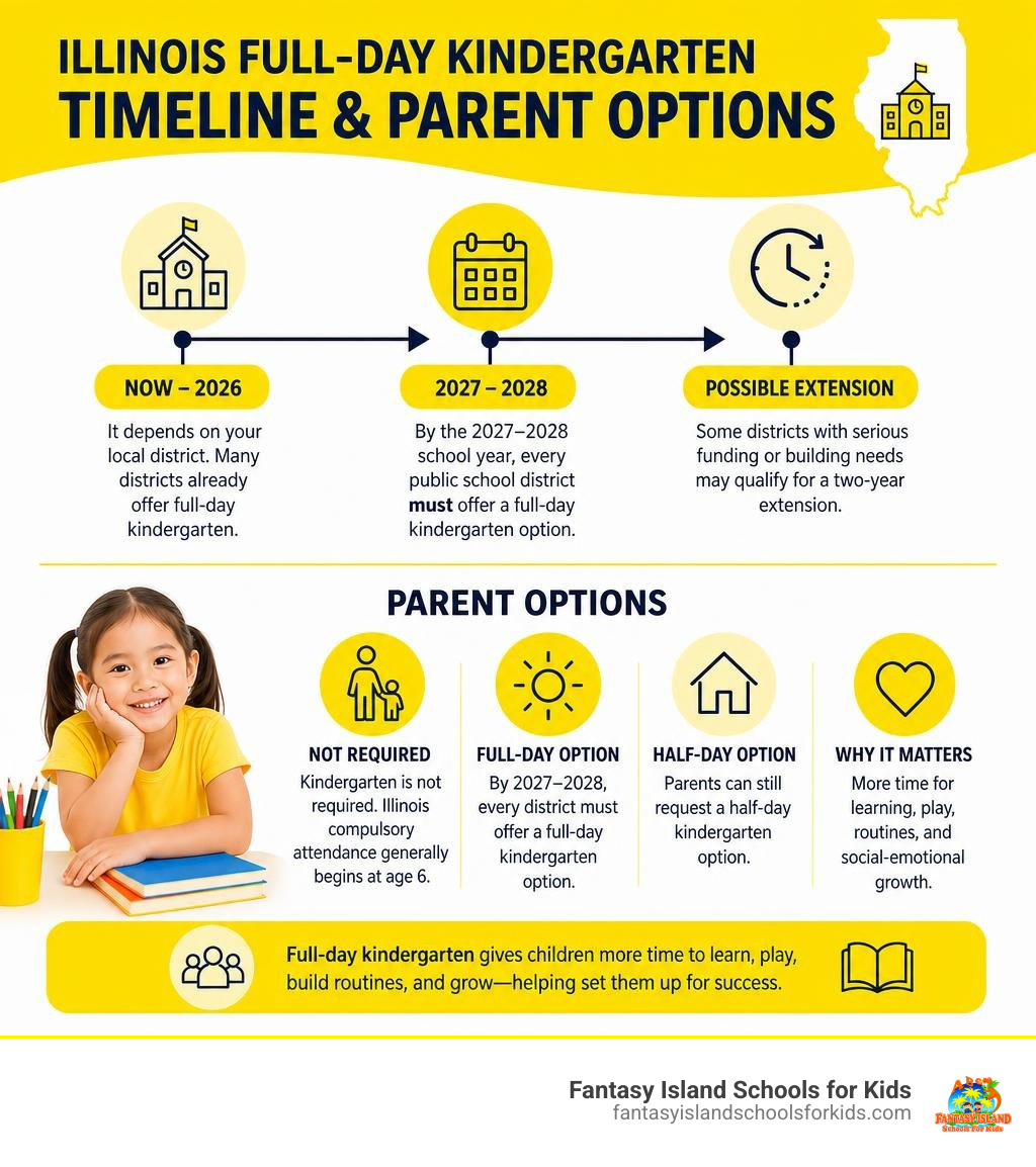 Illinois full-day kindergarten timeline and parent options infographic