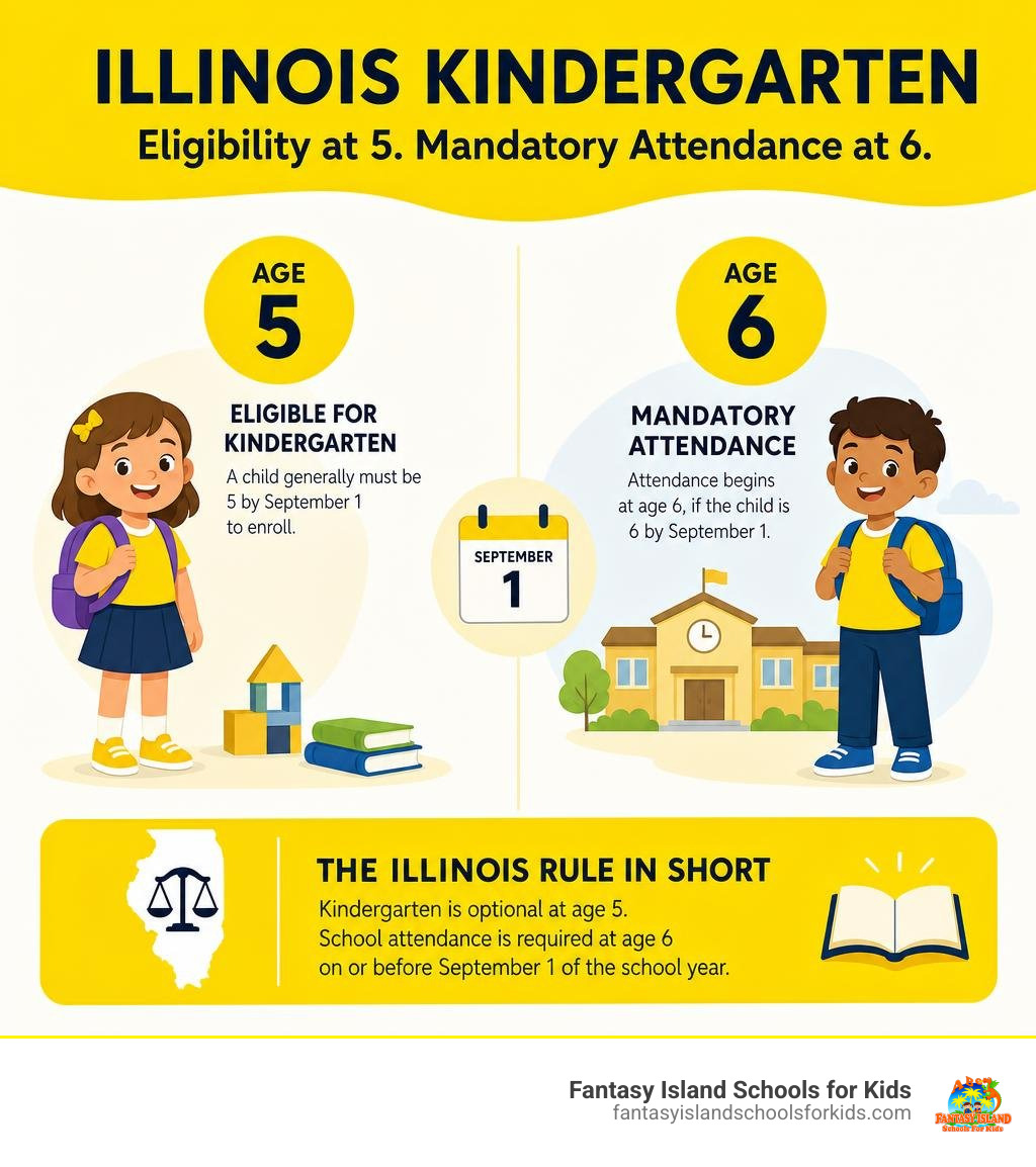 Infographic showing Illinois kindergarten eligibility at 5 and mandatory attendance at 6 infographic