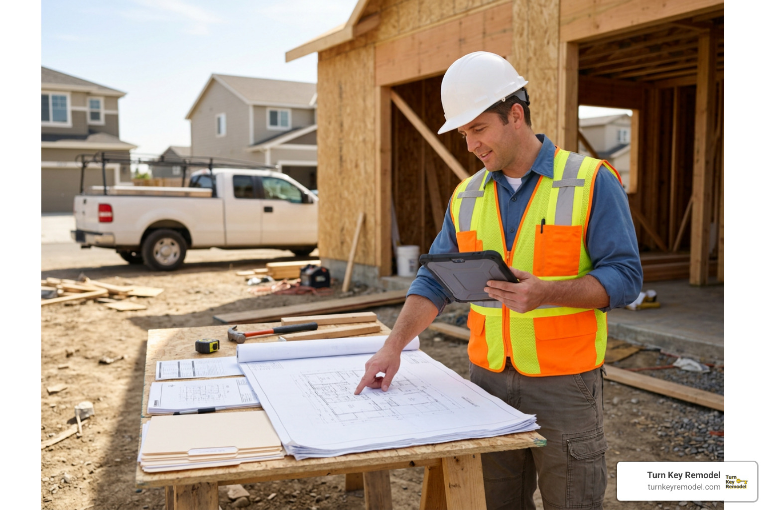 Home contractor verifying technical blueprints and permits on job site Home contractor verifying technical blueprints and permits on job site