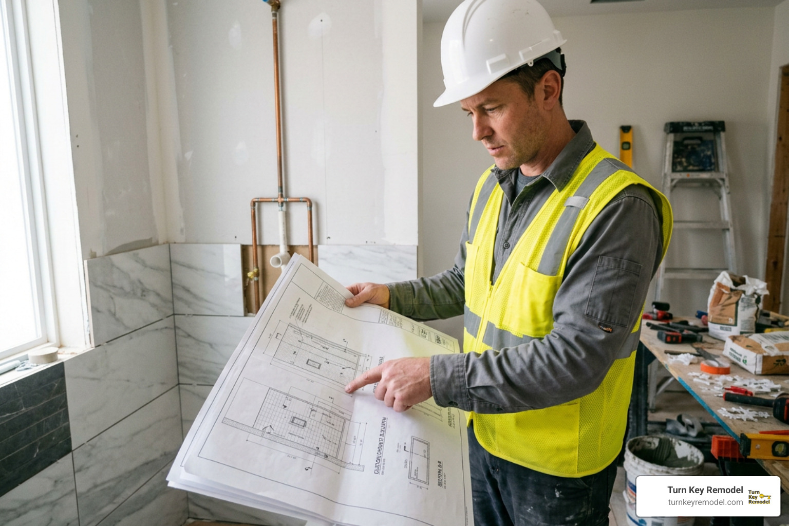 Bathroom contractor reviewing custom shower elevation blueprints on site Bathroom contractor reviewing custom shower elevation blueprints on site