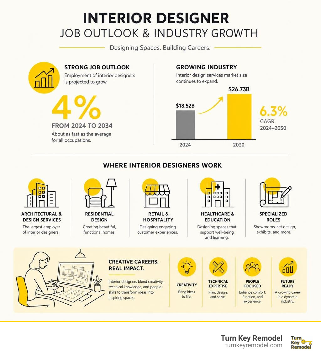 Interior designer job outlook statistics and industry growth infographic Interior designer job outlook statistics and industry growth infographic